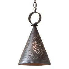 "MADISON" PENDANT - Kettle Black Punched Tin Witch's Hat Cone Down Light USA