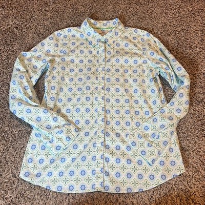Croft & Barrow Womens Button Up Shirt Blue Green Geometric Print Size S