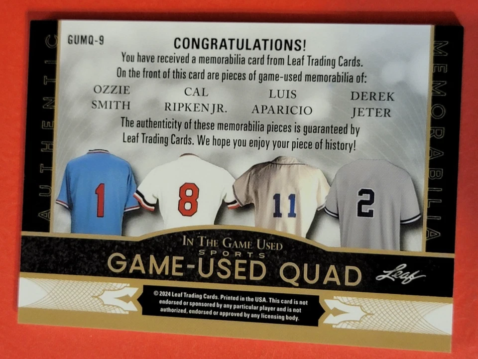 Derek Jeter TARJETA DE MURCIÉLAGO USADA EN EL JUEGO #3/40 Ozzie Smith JERSEY Cal Ripken LUIS APARCIO Foto 3 de 3