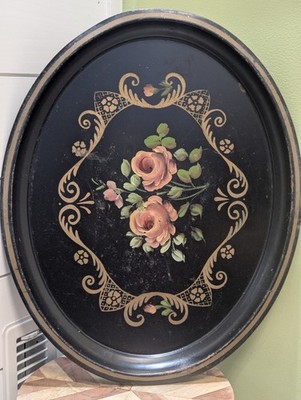 Black Toole Metal Tray, E.T. Nash Company, Victorian Style, Moody Floral Rose