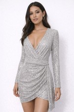 FASHION NOVA Women's Sugar Free Silver Sequined V-Neck Long Sleeve Mini Dress -S