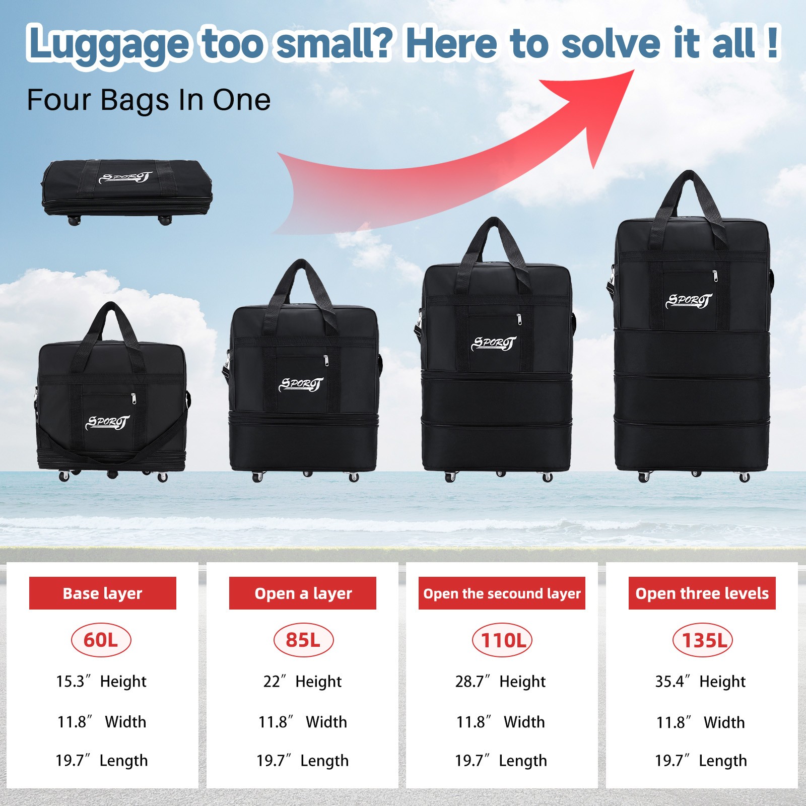 Collapsible Rolling Wheeled Suitcase Bag Expandable Duffle Luggage Bag 32" 36"