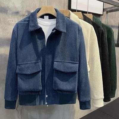 Herren Cord Revers Langarm Jacke lose Arbeitskleidung Mantel mit durchgehendem Reißverschluss