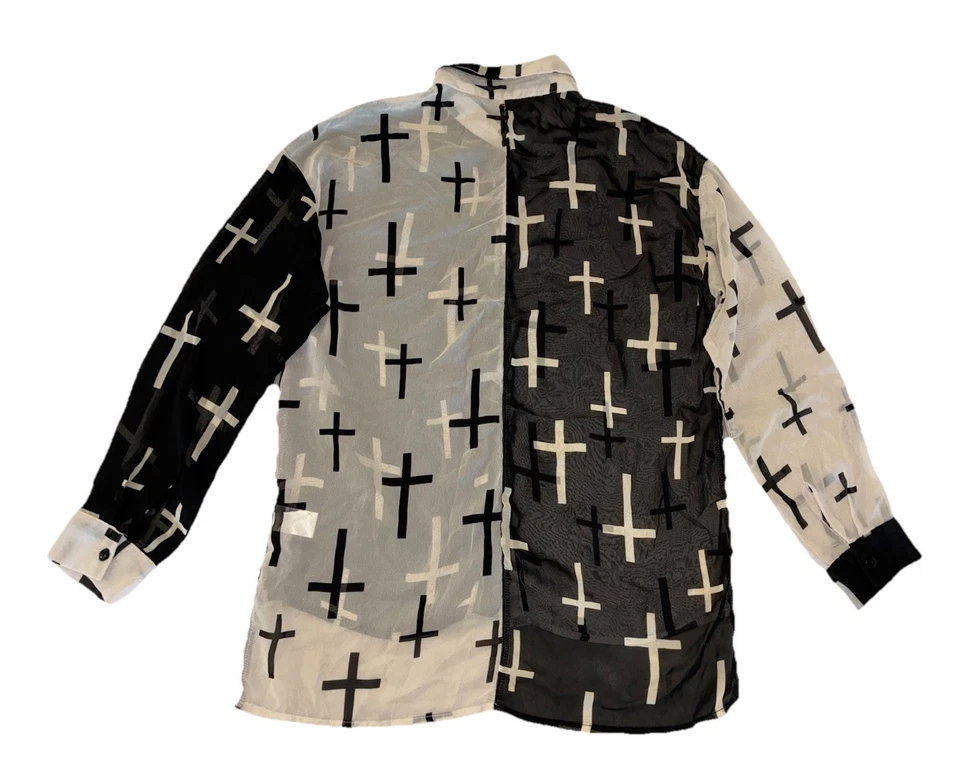 Mona B 衬衫女式 S 黑色/米色拼色十字架高低透明复古 Y2K — 第 3/4 张图片