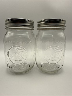 Golden Harvest Mason Pint Jar Clear Glass with Embossed Cornucopia SET OF 2