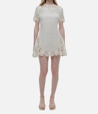 Simkhai Women's Ivory Linen Trim Crochet Short Sleeve Morrigan Dress Size 4