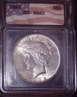 1922 Peace Silver Dollar ICG MS63, Beautiful Issue Free Coin.