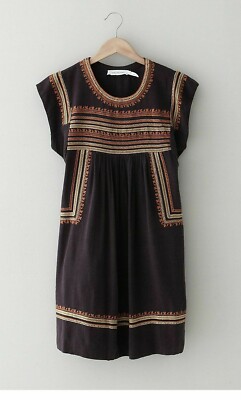 ISABEL MARANT ''Demma'' Embroidered Dress Sz 42 Washed Black RARE Raw Silk
