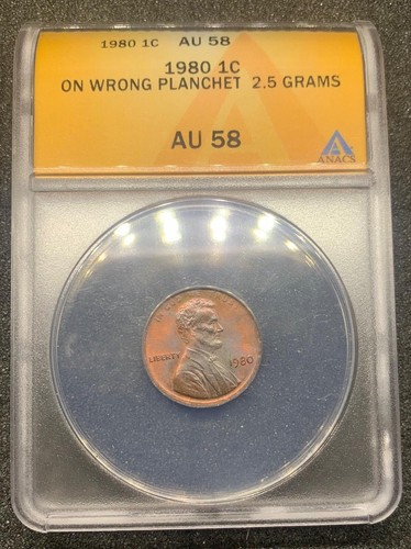 1980 1C Lincoln Cents Rare Error ON WRONG PLANCHET 2.5 GRAMS AU58๐๐