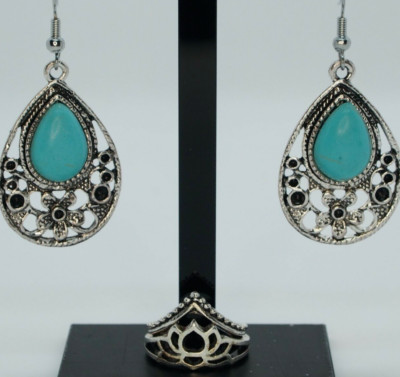 Faux Turquoise Flower Hook Earrings Teardrop 2 Knuckle Rings Fashion Jewelry