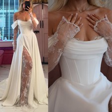 Strapless Pleated Satin Wedding Dresses Long Sleeve A-Line Swept Bridal Gowns