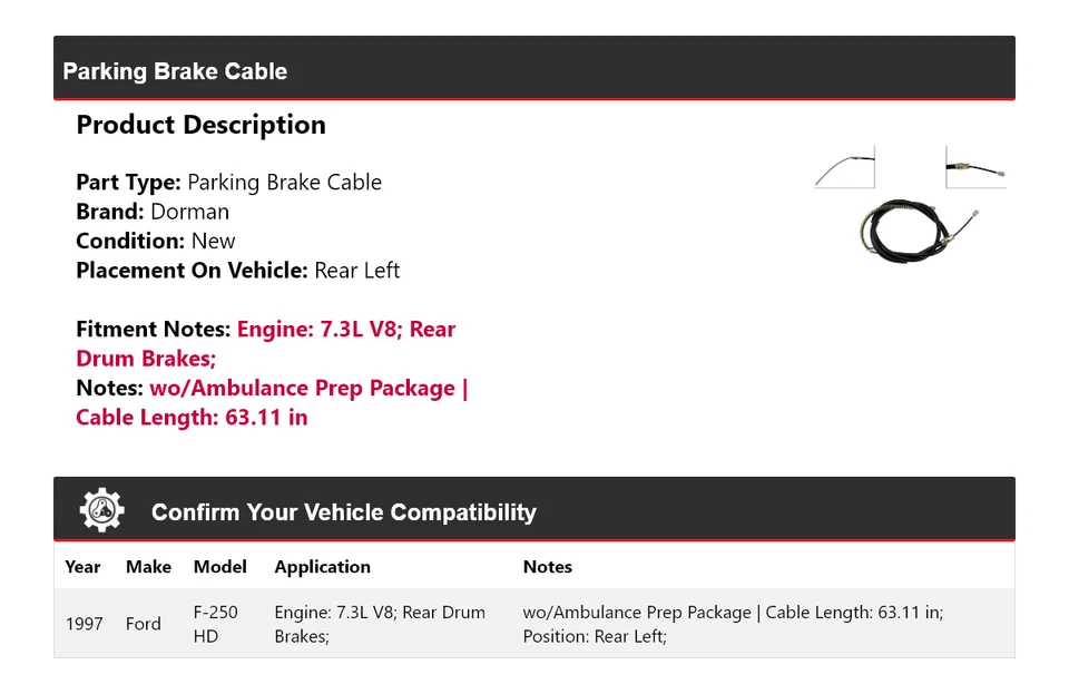 Cable de freno de estacionamiento trasero izquierdo Ford F-250 HD 1997 7,3 L V8 Dorman Foto 2 de 4