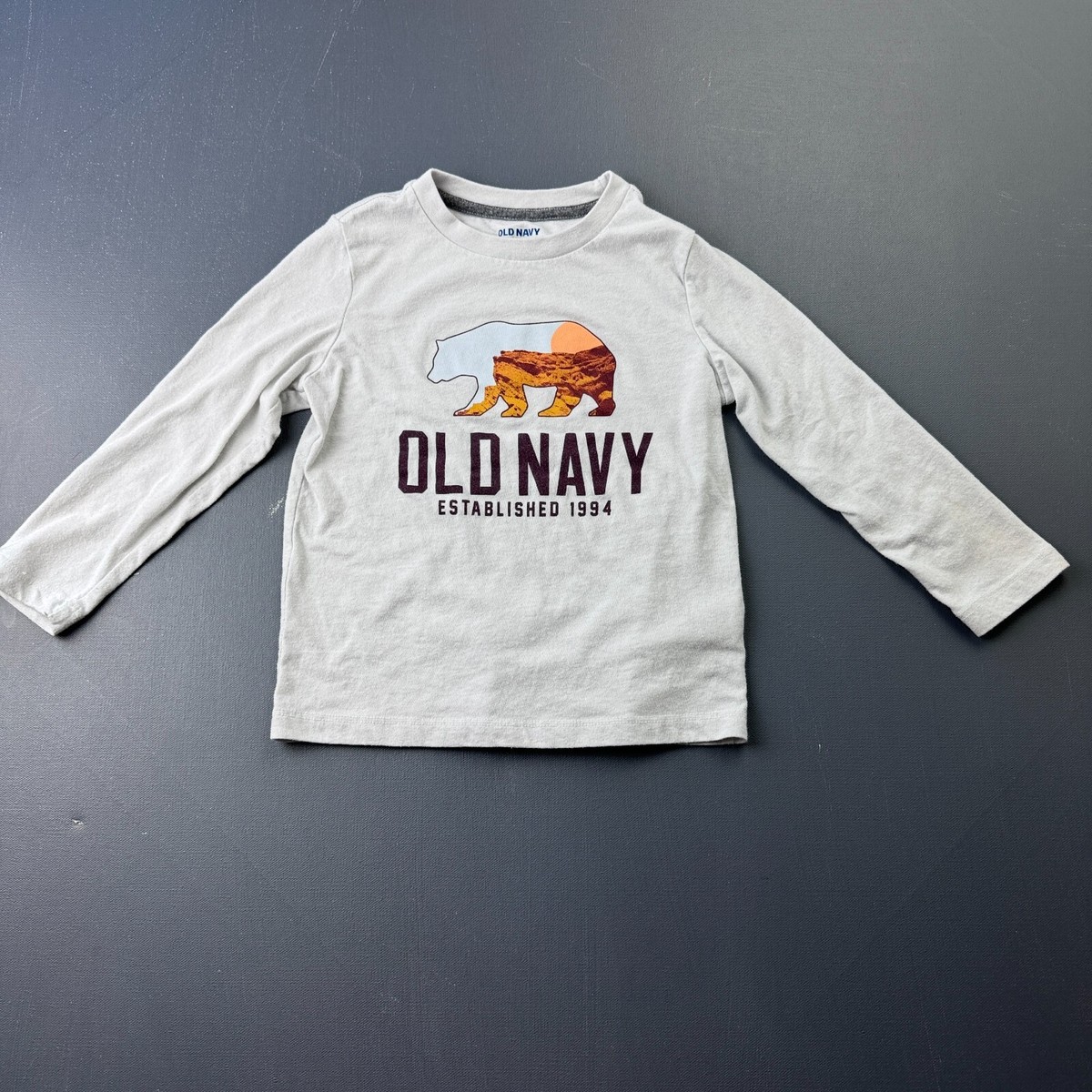 Old Navy Shirt Boys XS 5 Ivory Long Sleeve Bear Graphic Outdoor