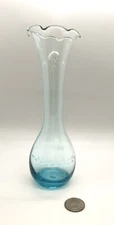 Vtg Blue Glass Bud Vase Etched Daisies Flowers 7" Aqua 7.75" Tall MCM Handmade