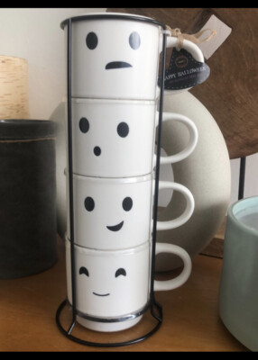 NEW Set of 4 GHOST Stacking Mugs Silly Faces Coffee/Tea Double Sided Hutch Decor