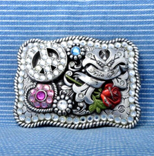 Eclectic True Love Peace Cross Floral Belt Buckle Rhinestones Vtg Nocona .TYC194