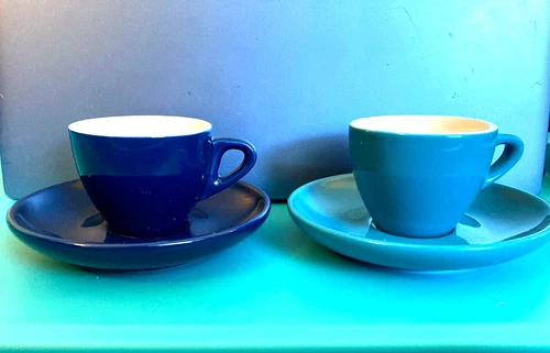 TWO sets Sweese Porcelain Espresso Cups & Saucers  2" tall Cups Pristine Condn