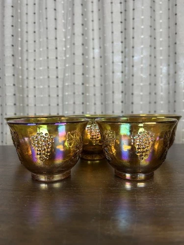 Vintage Indiana Glass Harvest Grape Marigold Iridescent CARNIVAL Glass Cups (5)