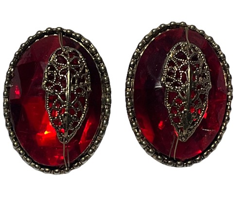 Vintage Red Ruby Glass & Gold Tone Clip-On Earrings