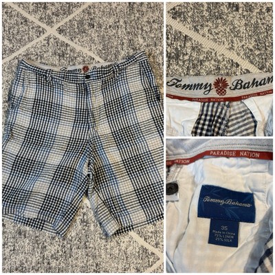 Men's Tommy Bahama Shorts 35Wx 9'' Blue Checkered Silk Blend Paradise Nation