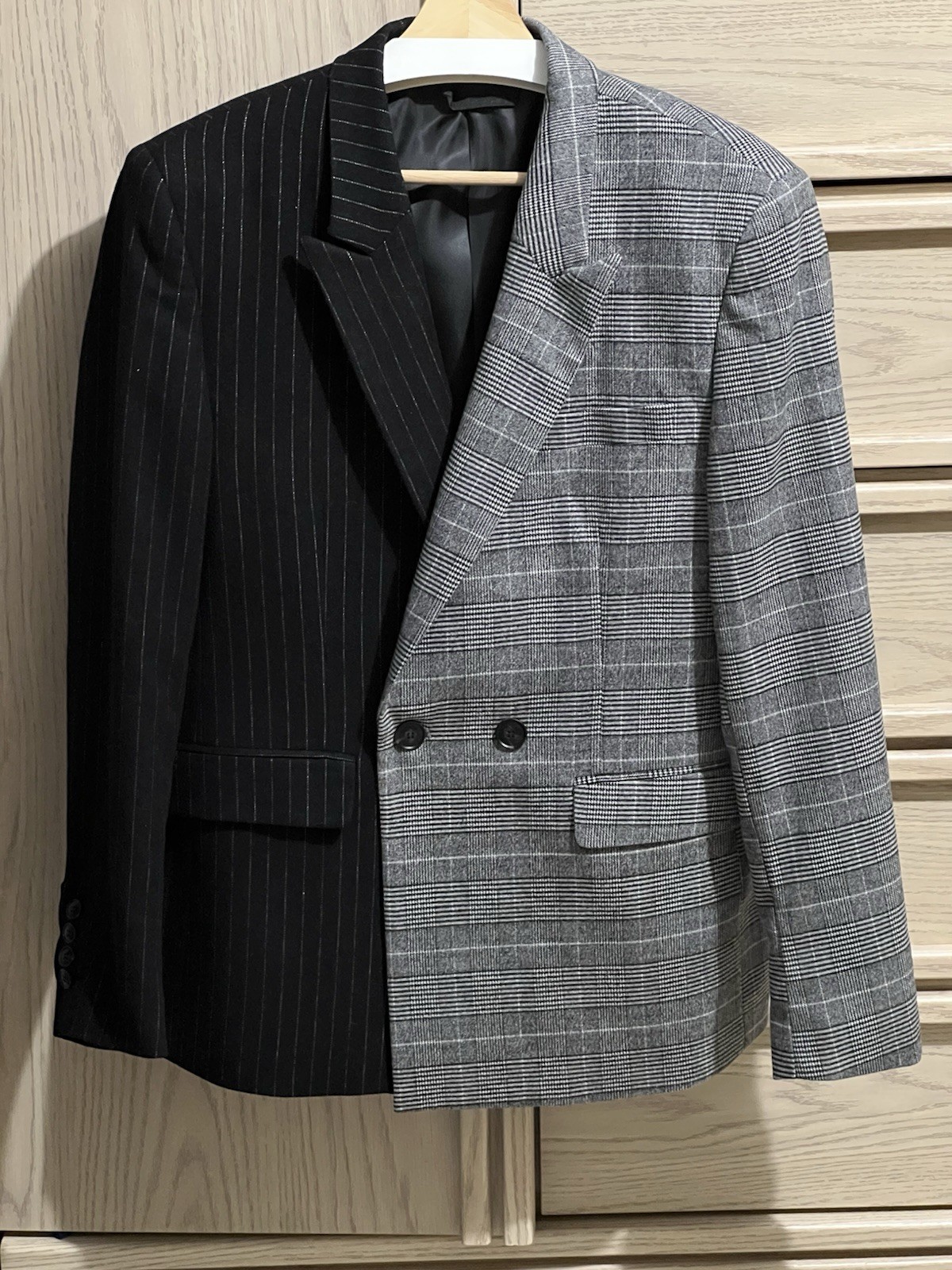 JUUN.J Split Blazer Half Plaid Half Pinstripe Dec… - image 1