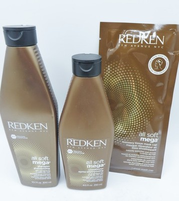 REDKEN ALL SOFT MEGA SHAMPOO 10.1 oz & CONDITIONER 8.5 oz &  MASK CAP 1 Sashet