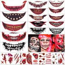 25Sheets Big Mouth Tattoo Halloween - Scary Clown Face Temporary Tattoos, Rea...