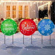 3 Pcs Metal Christmas Balls Yard Signs 20'' H Outdoor Red, Blue, White