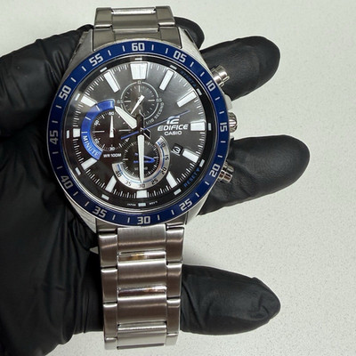 Casio Edifice Quartz Chronograph Date SS Bracelet Black Dial Blue Bezel 100m