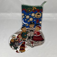 Quilted Victorian Teddy Bears Carolers Singing Under Stars Christmas Stocking