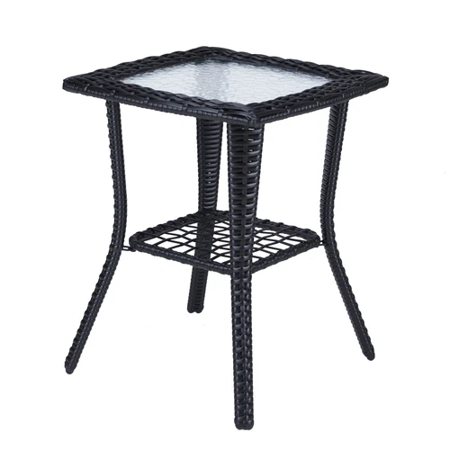 Outdoor Wicker Side Table Rattan End Table with Glass Top for Patio Black