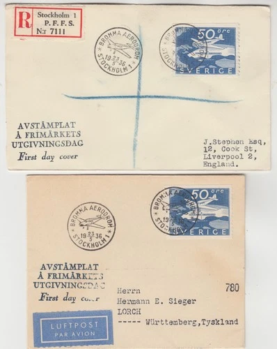 SWEDEN 1936 50o air issues on FDCs to LIVERPOOL & LORCH with BROMMA AERODROM cd