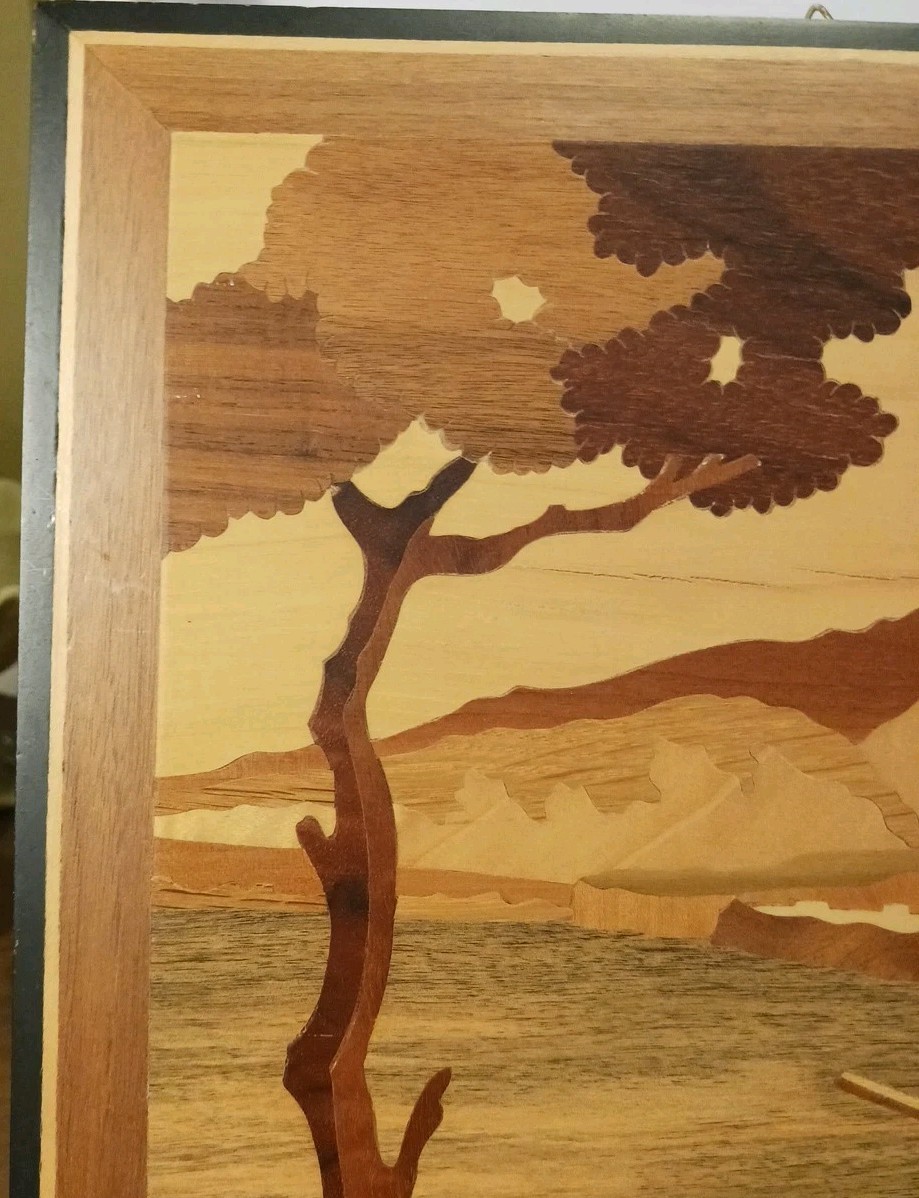 Italian Village Coastal Scene By Sorrento Marquetry Wooden Inlay Picture 11x15”