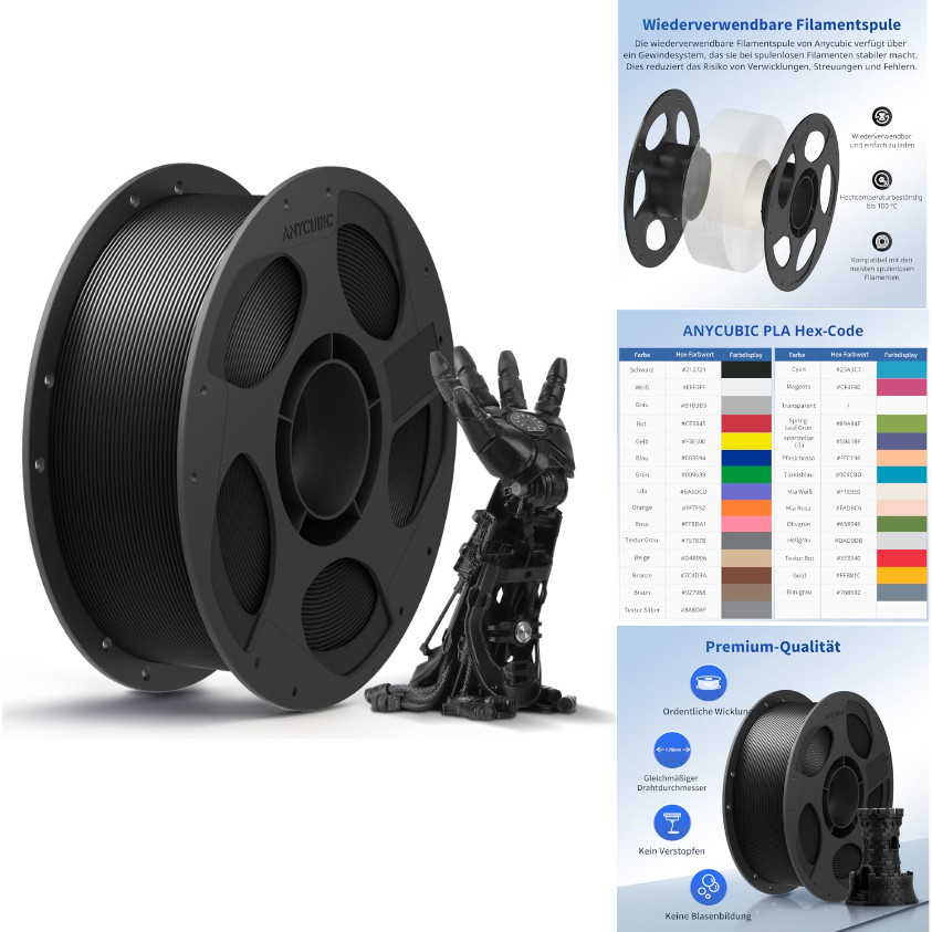 PLA Filament 1.75mm Schwarz Vakuumverpackung 1KG 3
