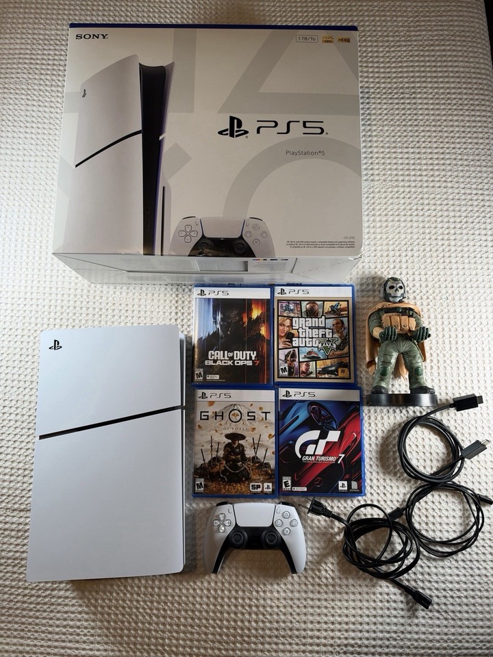 Sony PS5 Slim Disc Edition 1TB Open Box Console 4 Games Controller Ghost Stand