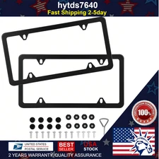 2xstainless Steel Metal License Plate Frame Tag Cover With Screw Caps Black 