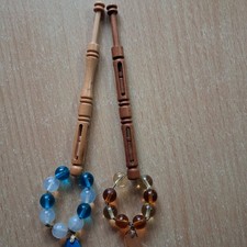 2 x Vintage WOODEN Lace Making Bobbins Mother & Babe Window glass spangles #A33