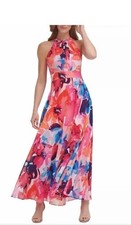 Eliza J Dress Womens 10 Watercolor Floral Halter Ruffle Maxi Long Chiffon Lined