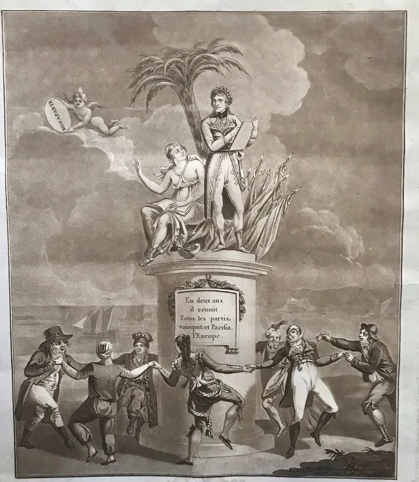 GRAVURE ANCIENNE ALLÉGORIE PAIX D’AMIENS 1802 CONSULAT NAPOLEON BONAPARTE BISTRE - Photo 2/4