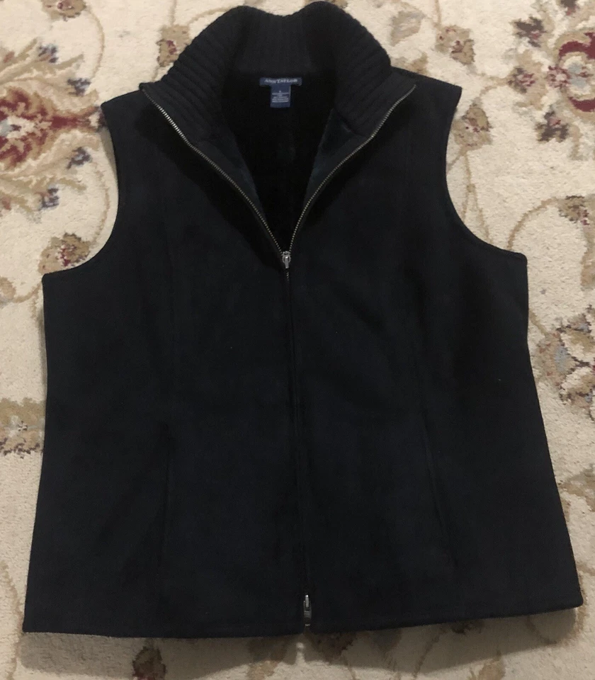 Chaleco Ann Taylor Suave Grueso FAUX Gamuza FAUX Forrado de Piel Doble Vía Cremallera Completa L NEGRO Foto 2 de 4