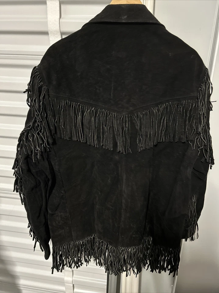 Vintage Excelled Suede Leather FRINGED Western Coat Jacket black Cowhide Tassel - Image 4 of 4