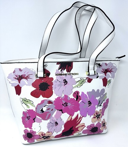 NWOT Adrienne Vittadini Purse Tote Bag Vegan Leather White Poppy Garden Floral - 第 4/19 張圖片