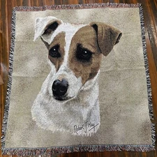 Jack Russell Terrier Robert May Art Cotton Jacquard Woven Throw Blanket NOS USA