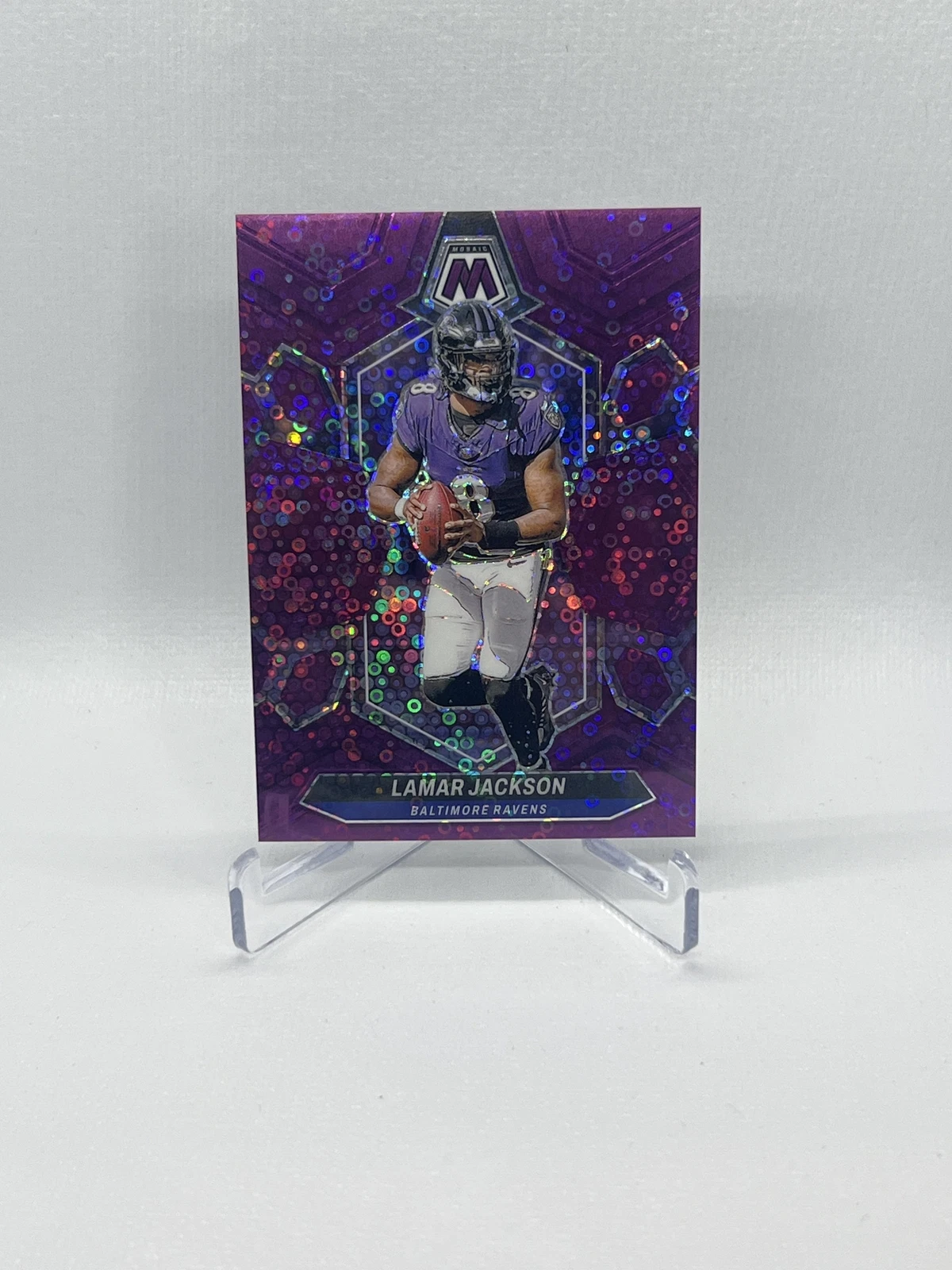 2024 Panini Mosaic No Huddle Purple Lamar Jackson #15 SN #/50 Baltimore Ravens