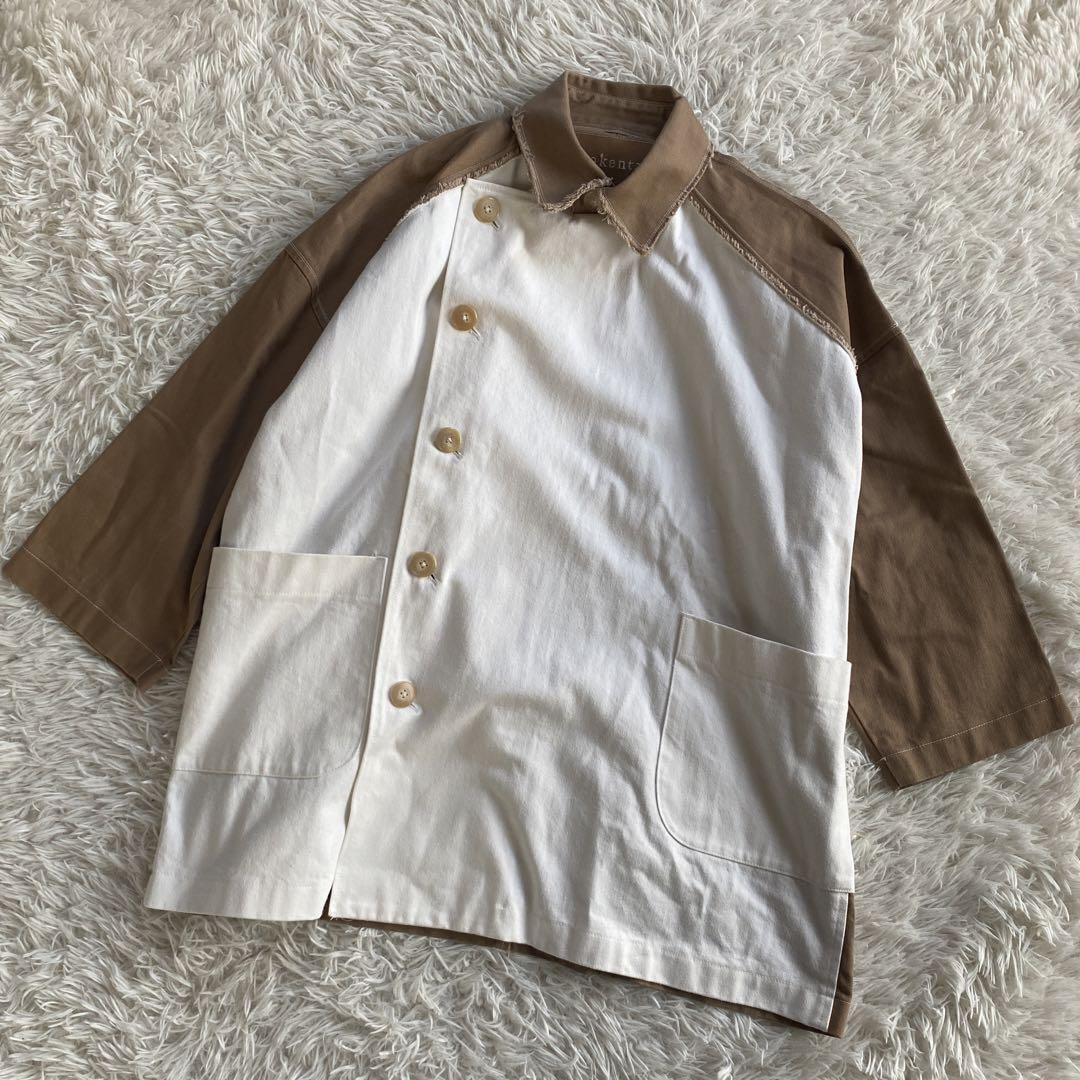 Osakentaro Short Coat, Free Size, Cotton, White Brown, Used Osakentaro Short Coat, Free Size, Cotton, White Brown, Used