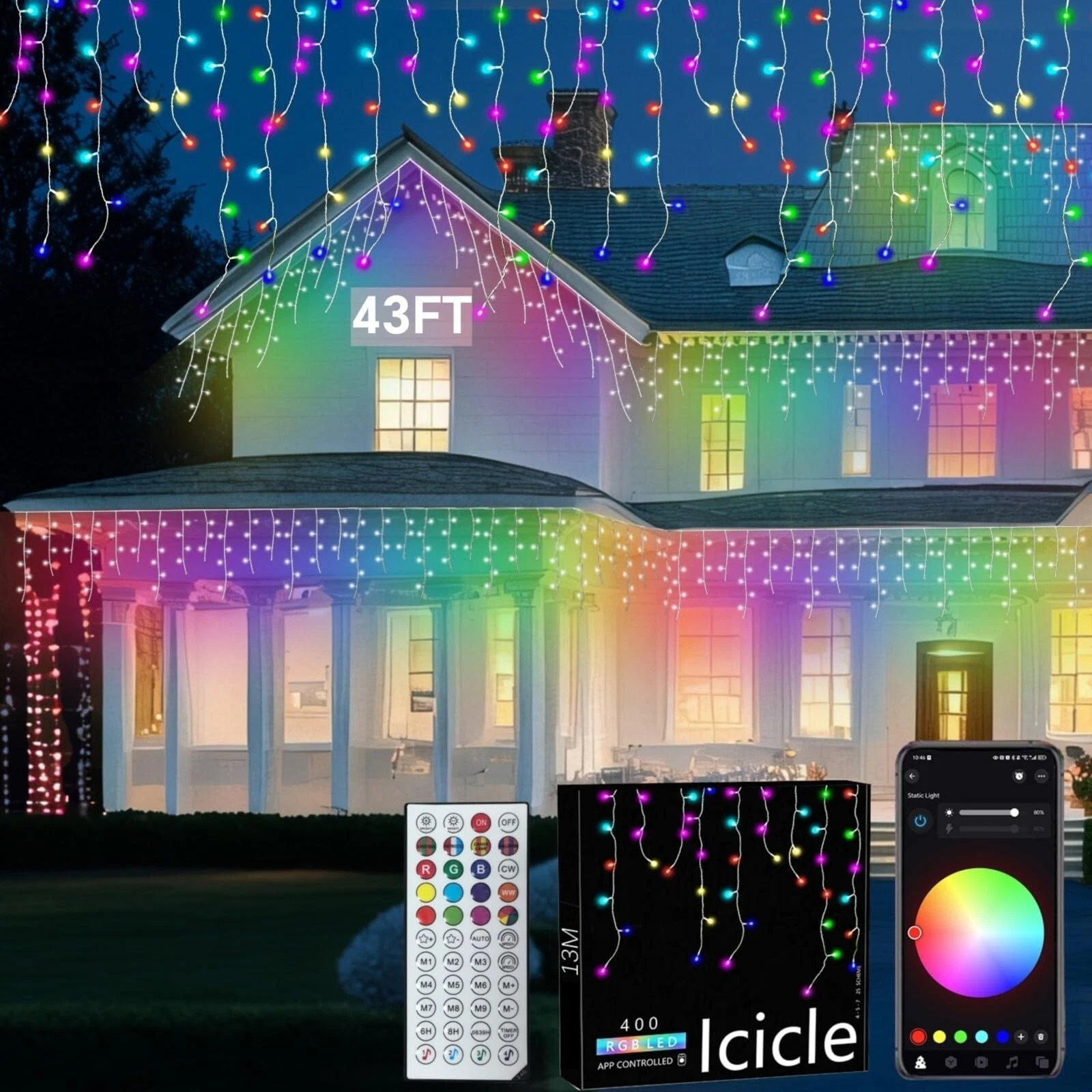 Led Icicle Lights Outdoor,43FT 400 LED RGB Smart Programmable Icicle Christma...