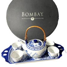 Bombay Tea Set In Box Blue And White Pot Cups and Tray