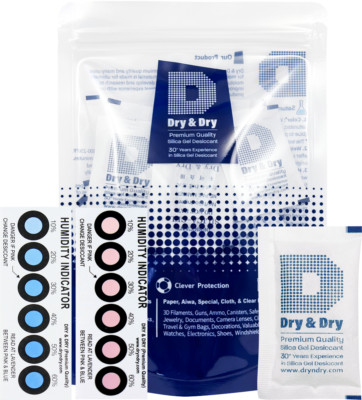 10 Gram x 100 PK ''Dry & Dry'' Silica Gel Packets - 10 Humidity Indicator Cards