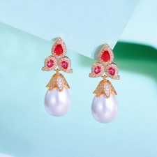 Women Elegant Gold Plated Cubic Zirconia Flower Long Drop Pearl Dangle Earrings