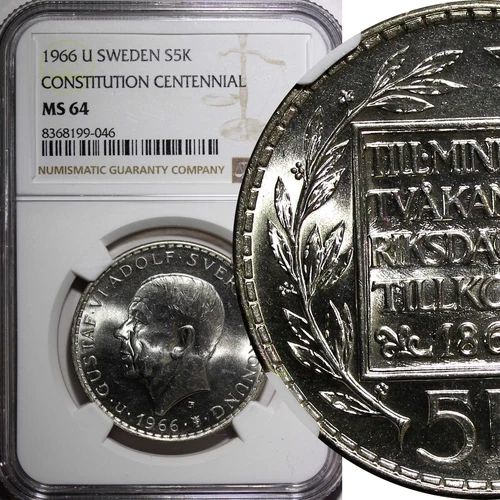 SWEDEN Silver 1966 U 5 Kronor NGC MS64 Constitution Reform 1 YEAR KM# 839 (046)